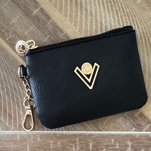 VALENTINO Orlandi Black Leather Mini Zip Pouch with Gold V Accent - coin wallet